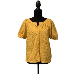Calypso St. Barth Yellow Eyelet Short-Sleeve Top with Embroidered Detail